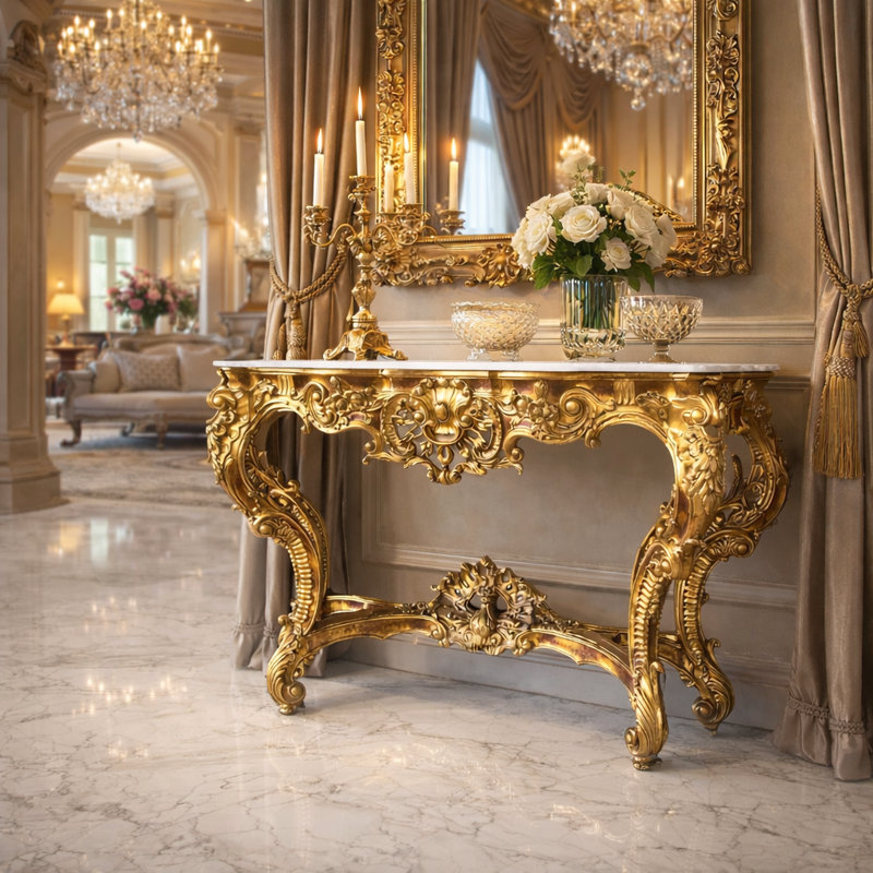 Rosia 62.6'' W Marble Console Table, White Top/Antique Gold Base
