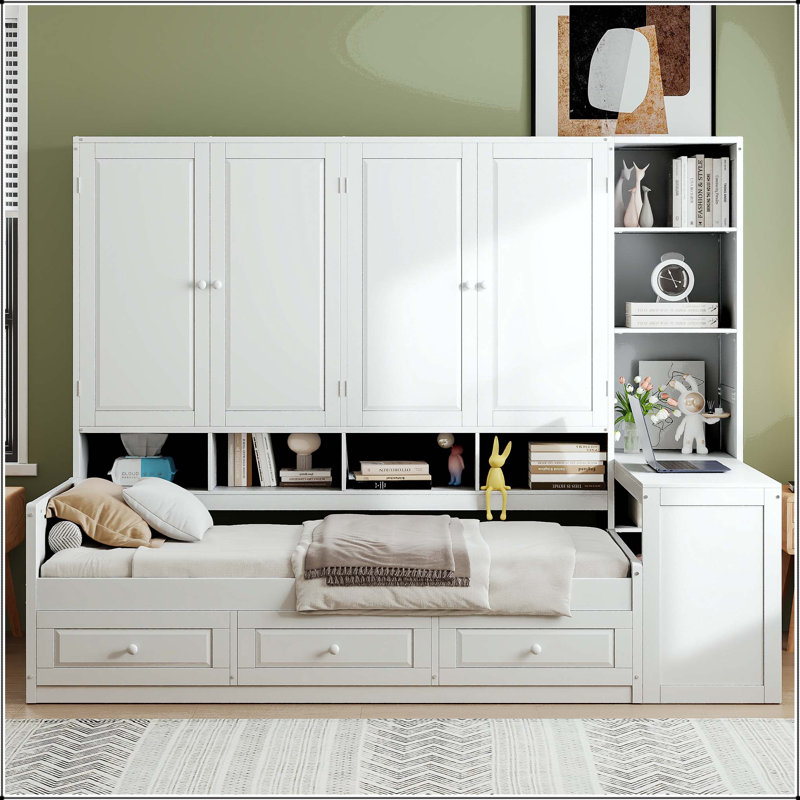 Lit de jour simple en bois avec bureau, armoires, tablettes et 3 tiroirs, Blanc