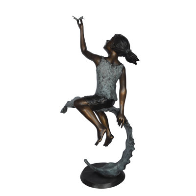 Susannah Girl on A Leaf Playing with Butterfly Bronze State -  Size: 27"L x 15"W x 45"H.