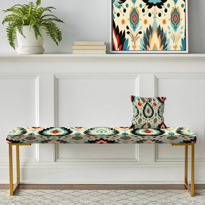 Orange Ikat Nomadic Tribe Blend - Ikat Upholstered Gold Bench