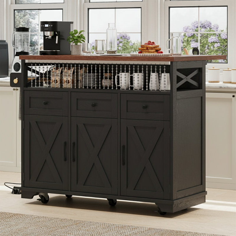 46.5 Inch Wide Farmhouse Kitchen Island with Drop Leaf and Built in Power Outlet Black Rolling Kitchen Cart with Decorative Beaded Drape