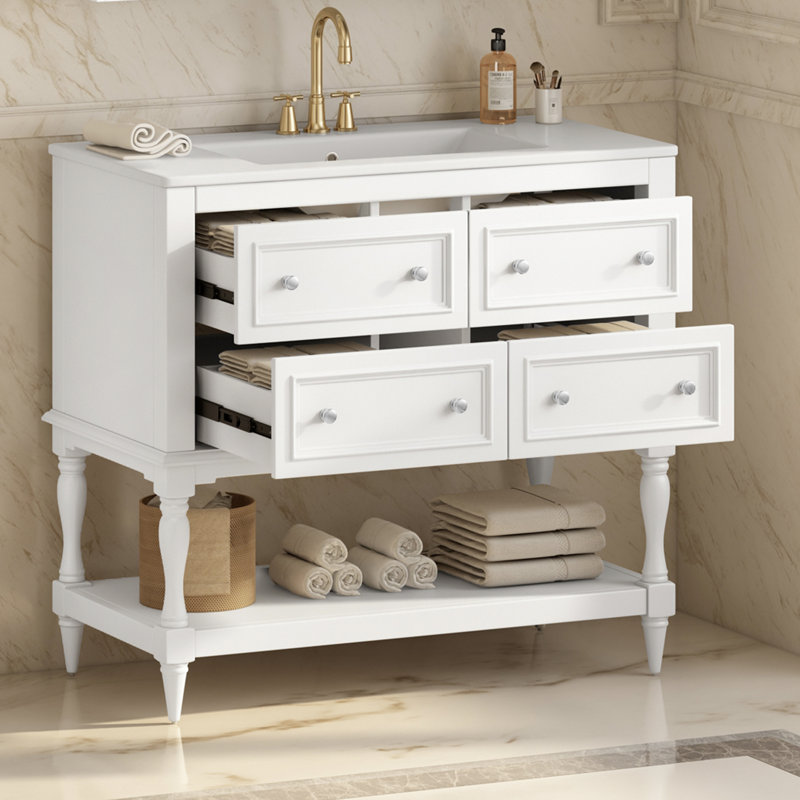 Ensemble de meuble-lavabo à cadre en bois massif 36 po avec lavabo 36 po, 4 tiroirs et une tablette ouverte, Blanc