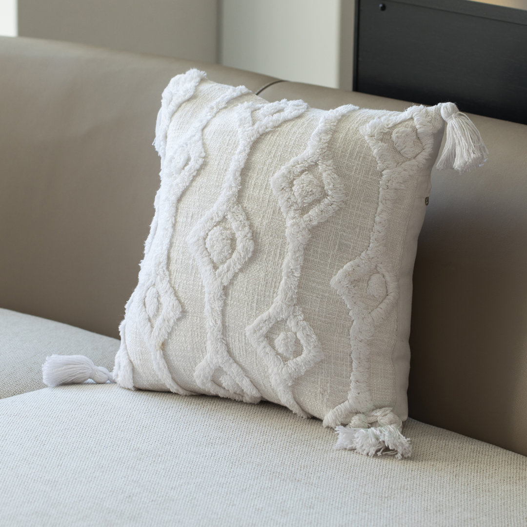 16" Handwoven Cotton Throw Pillow Cover with Small White Tufted Diamond Pattern and Tassel Corners without Cushion, White DEERLUX