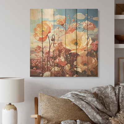 Coquelicots roses et beiges à floraison liquide - Art floral sur bois de pin naturel