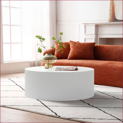 Contemporary White Round Coffee Table with Handcrafted Relief - MDF, No Assembly for Living Room