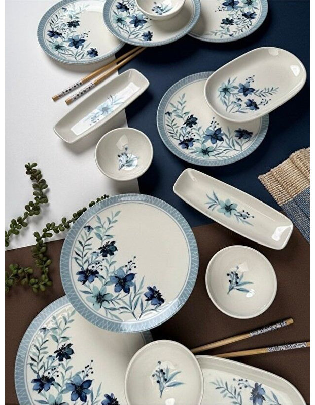 Ensemble de petit-déjeuner élégant 14 pièces, 100% porcelaine | Comprend 6 assiettes de service (7,9 pouces), 4 bols Joker (3,9 pouces), 2 plaques d'huile (7,5 x 4,7 pouces), 2 plateaux (7,9 x 2,8 pouces) | Va au lave-vaisselle et au micro-ondes, parfait pour un repas élégant