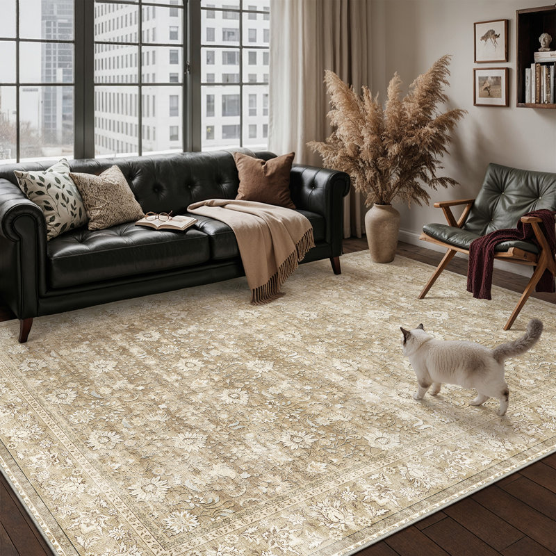 Kitty Machine Washable Oriental Area Rug with Non-Slip Backing, Rectangle 6' x 9', Beige