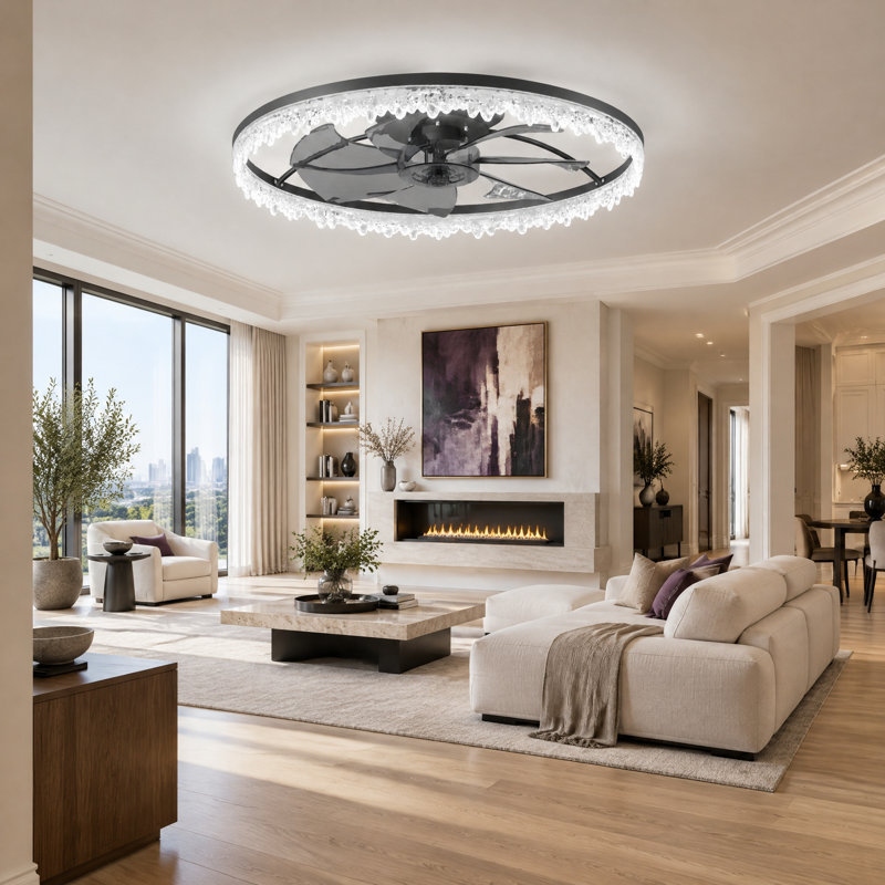 24" Modern Black Ceiling Fan with Light & APP Remote Dimmable Ice Cone Flush Mount Fandelier, 24" Wide