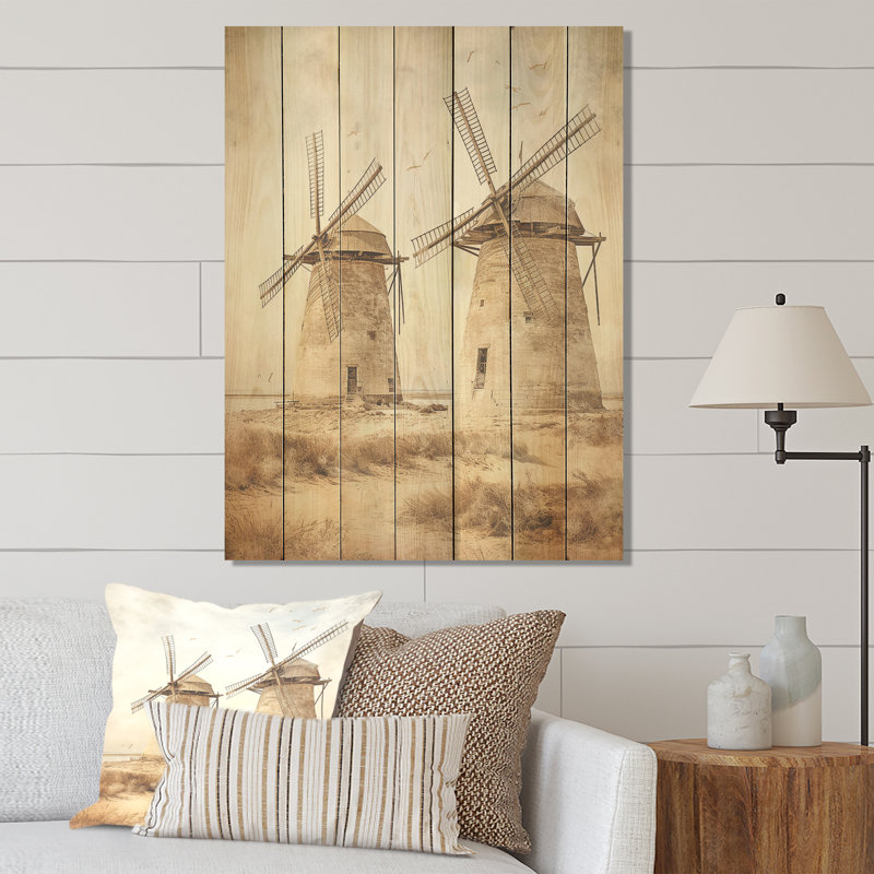 Millésime rétro, vue sépia I - Éoliennes sur bois, H 32 po x l 24 po