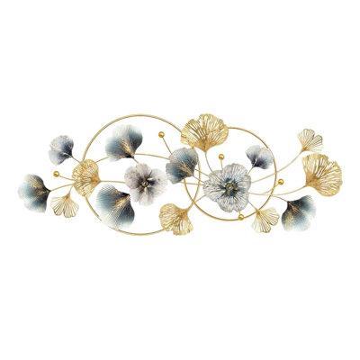Grande décoration murale 59 po en métal ginkgo et floral 59 po, suspension murale en or et gris à double cercle, art décoratif pour canapé au-dessus, foyer et vestibule
