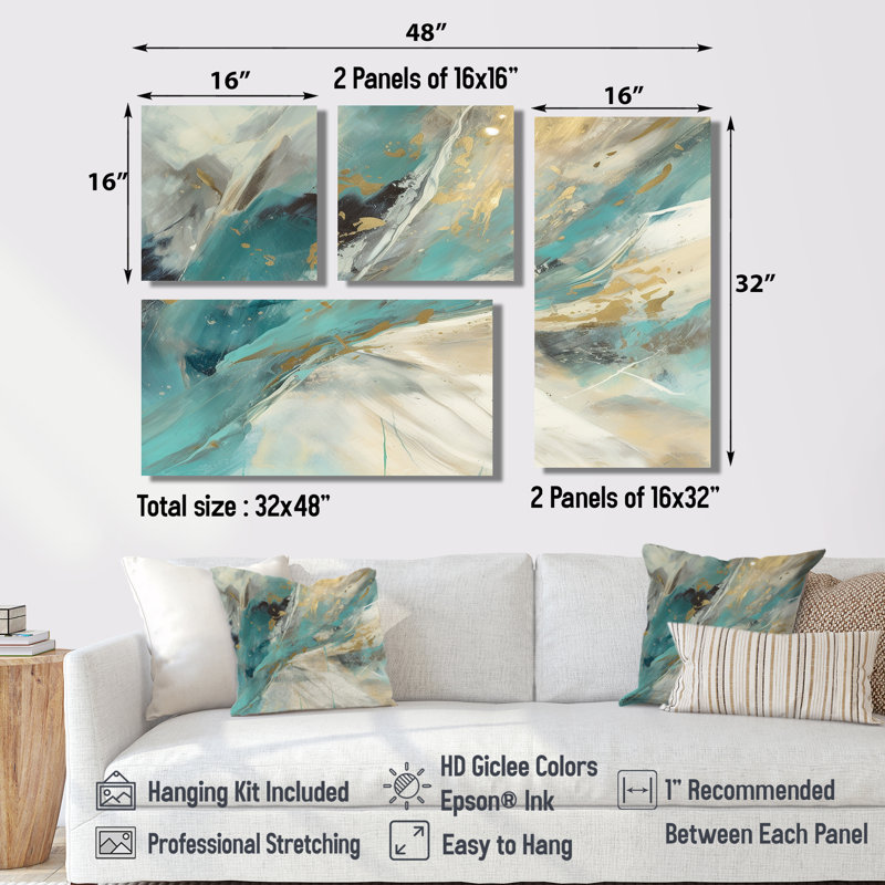 Turquoise Serendipity, peinture abstraite II - art mural moderne turquoise, 4 pièces, Toile tendue, Ne s’applique pas