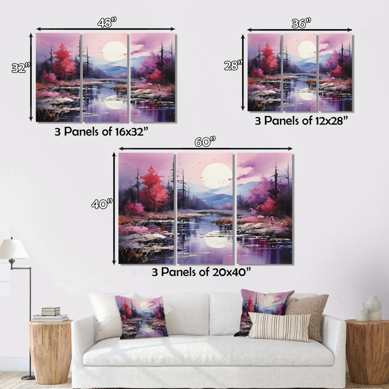Impression sur toile 3 pièces rose et mauve Riverside Serenity II, H 40 po x l 60 po x P 1 po