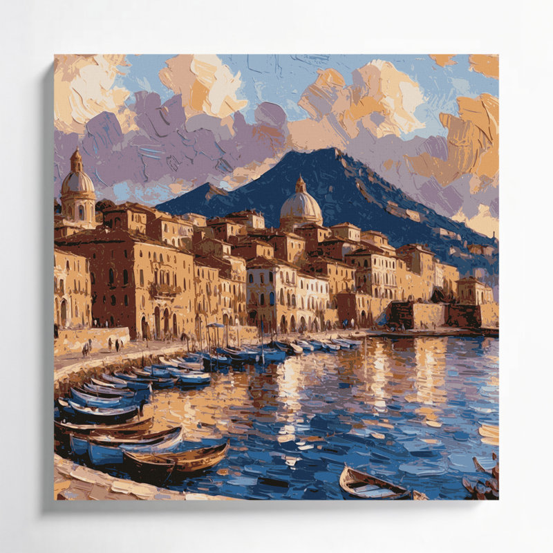 Art mural sur toile beige avec villes en Italie, H 32 po x l 32 po