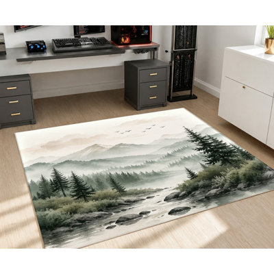 Tapis paysager de forêt montagneuse, motif rivière et pins brumeux, design artistique, lavable à la machine, antidérapant, décoration intérieure élégante pour salon, chambre, entrée, cuisine, balcon, appartement
