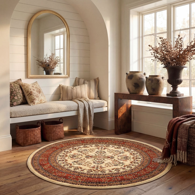 Klose Oriental Machine Made Power Loom Polypropylene Area Rug in Brown/Beige, Round 5'3"