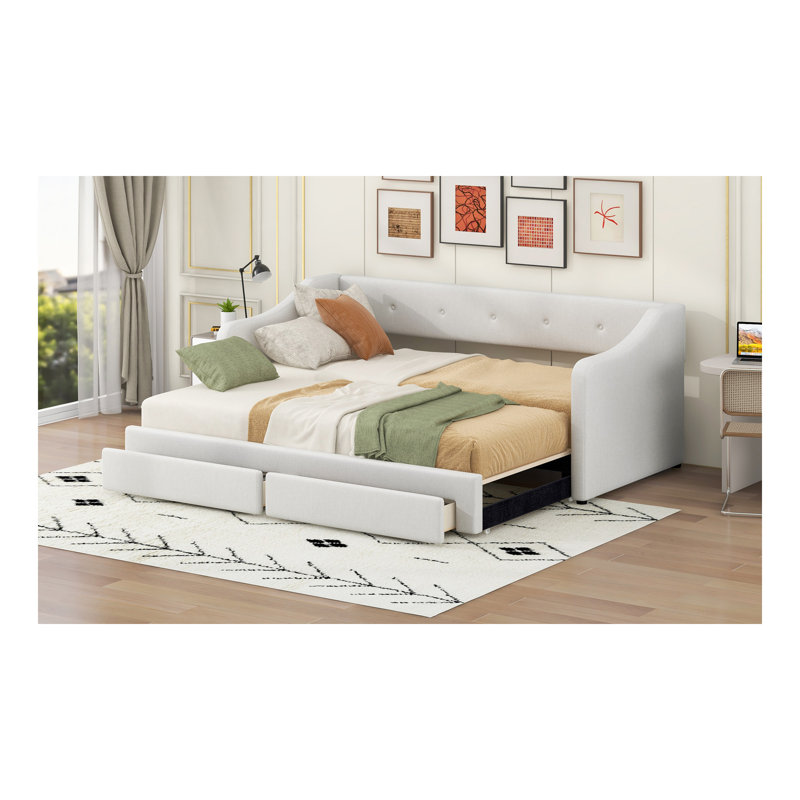 Twin XL to King Size Upholstered Daybed with Two Drawers, Beige