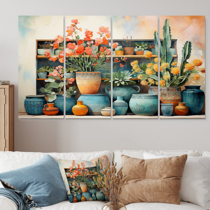 «Blue Floral Watercolor Pottery I - Boho Pottery», ensemble de 4 pièces d'art mural, H 28 po x l 48 po