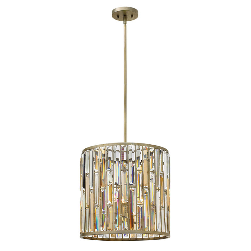 Gemma Key Three-Light Convertible Tall Drum Pendant w/ Crystal Rectangular Prisms, Silver leaf