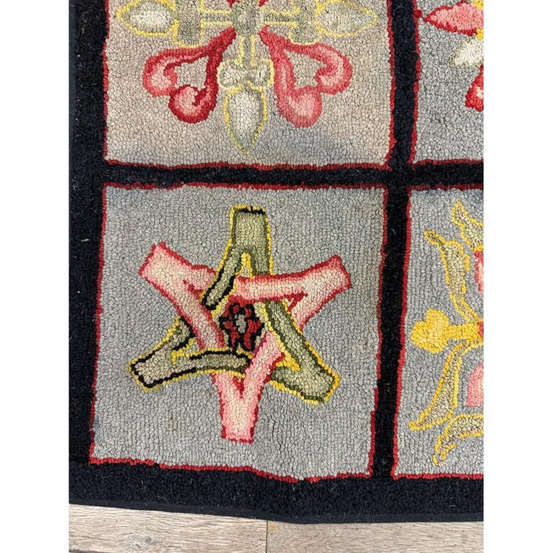 1880s Multi Antique Folk Art Geometric Americana Modern Hooked Knotted Wool Rug