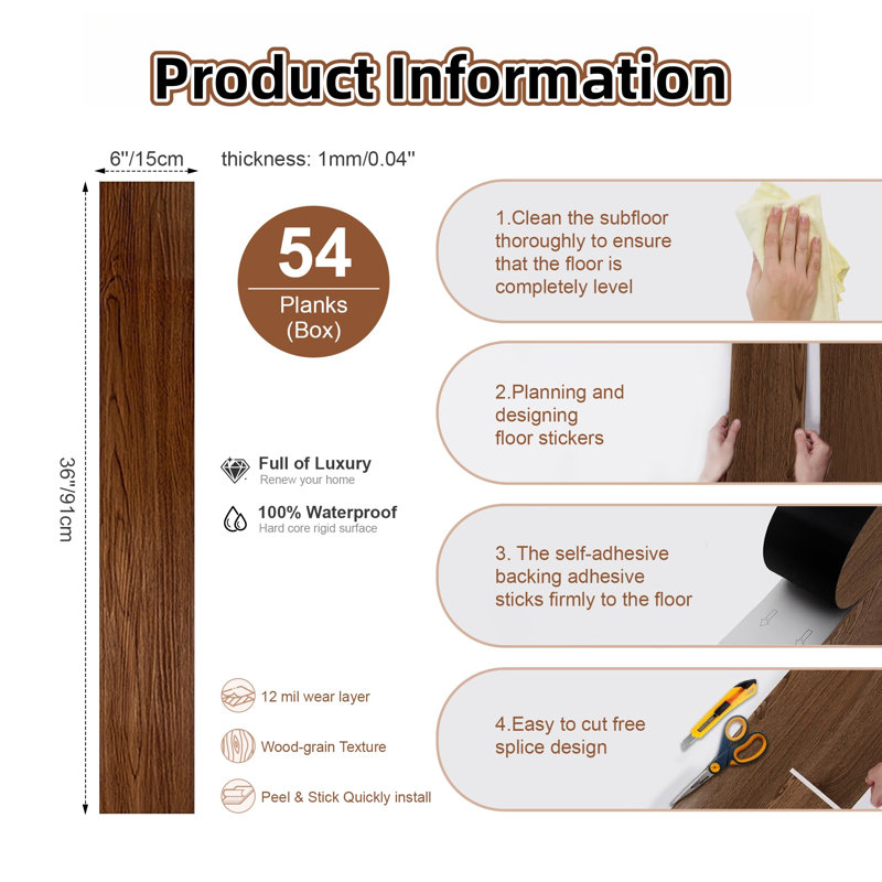 Peel And Stick PVC Vinyl Plank Flooring – 6" X 36" Self-Adhesive Wood Grain Floor Tiles, Easy DIY Installation For Garage, Basement, Low-Traffic Spaces(1Mm 54PCS Cover 81 SQ.FT)