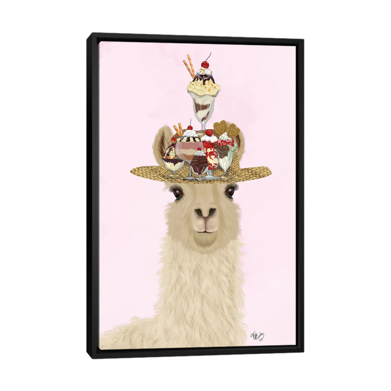 «Llama Ice Cream Hat» par Fab Funky - impression d'art graphique, H 40 po x l 26 po x P 1,5 po, Toile avec cadre noir