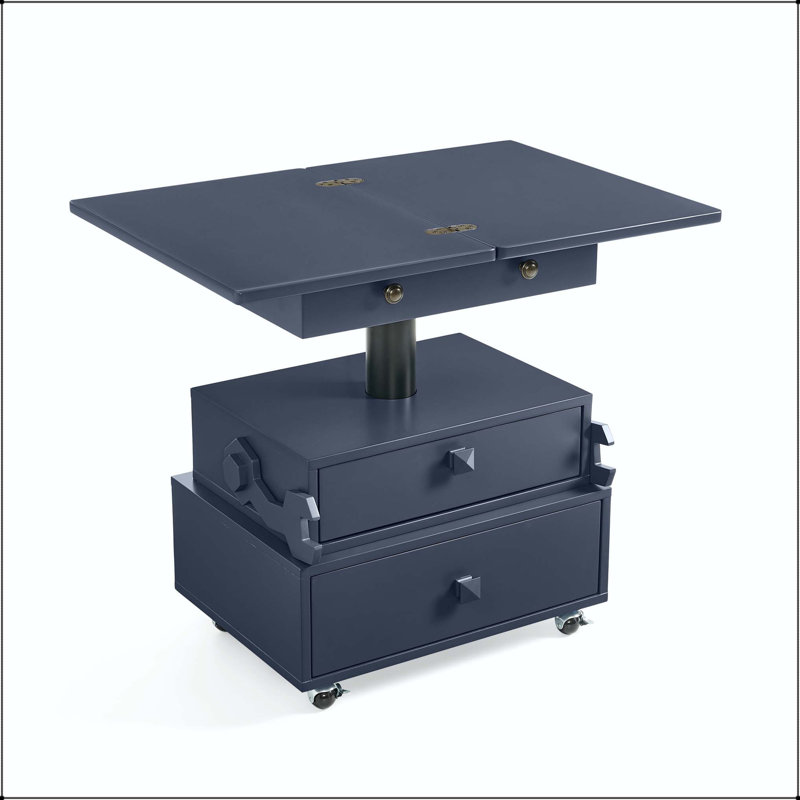 Adjustable Height Rolling End Table - Flip-Top with Charging Station & Storage, Blue