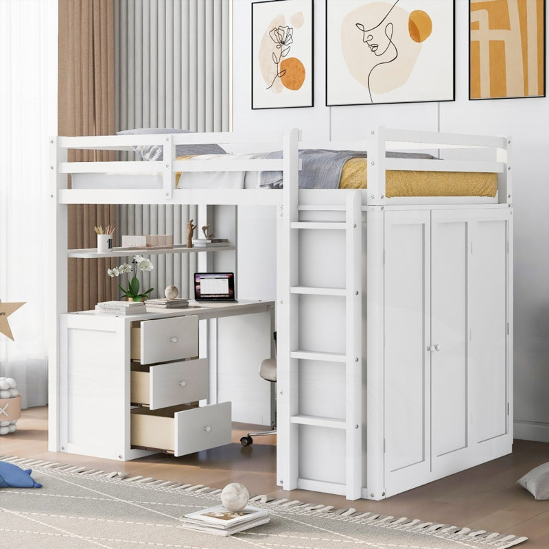 Lit mezzanine double avec tiroirs, bureau et garde-robe - spacieux et spacieux Durable (L 78,3 po x l 56,7 po x H 65 po)