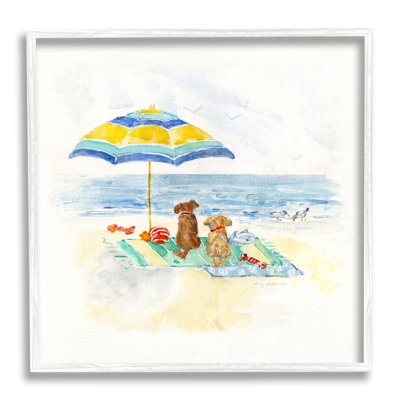 " Cute Playful Dogs Relaxing Beach Umbrella Shoreline Painting " by Sally Swatland