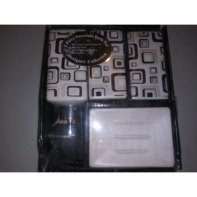 Four Piece Taupe, Black and White Squares Porcelain Bathroom Set