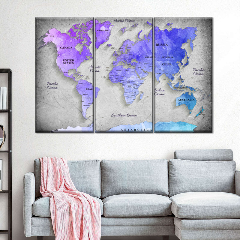 Carte du monde Hued - 3 pièces de toile tendue, H 24 po x l 38 po x P 1,25 po