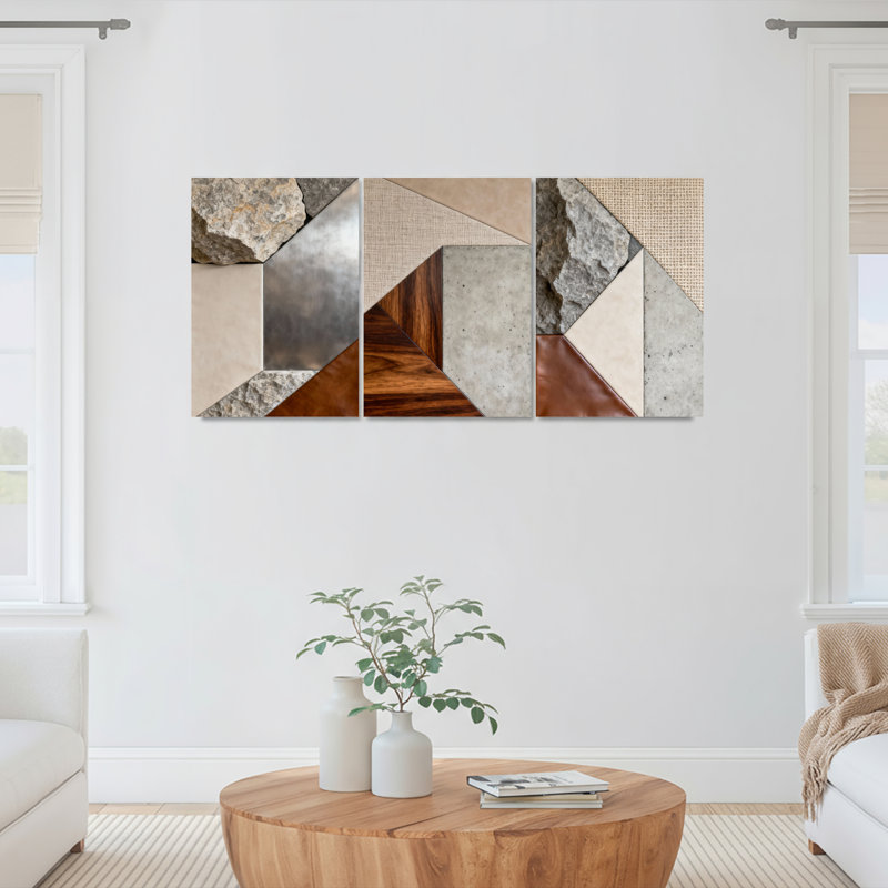 Ensemble de 3 tableaux sur toile tendue à motifs géométriques pierre, bois et métal, H 30 po x l 60 po