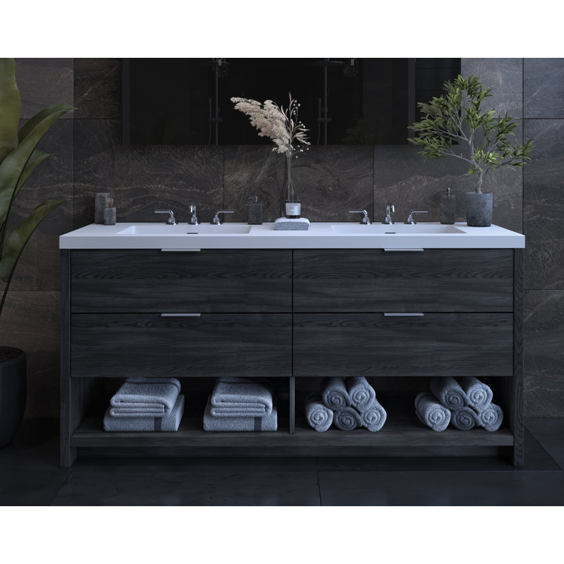 Vue 72" W Freestanding Double Bathroom Vanity, Charred, Polished Nickel, Matte White/8" Widespread