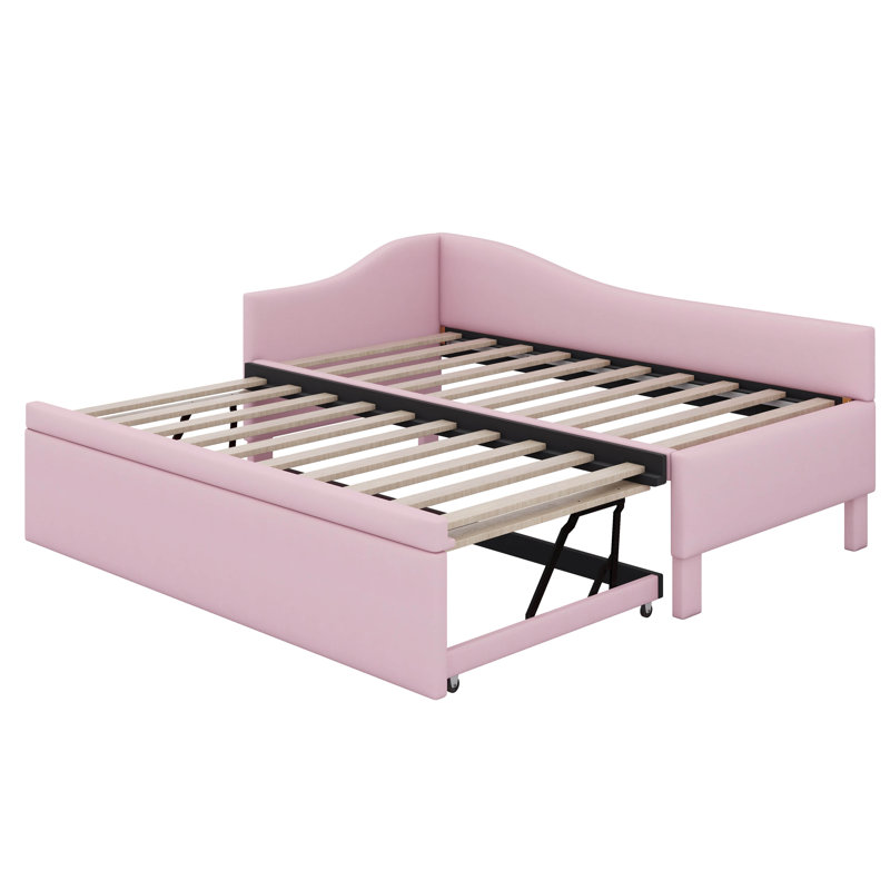 Twin Size Daybed With Pop Up Trundle, Linen Upholstered Day Bed Frame With Wood Slats,Extendable Trundle Bed,Twin To King Design