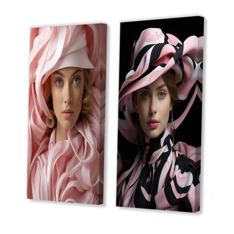 Femme chic avec chapeau - ensemble de salon mode et art mural, Toile tendue, H 28 po x l 25 po