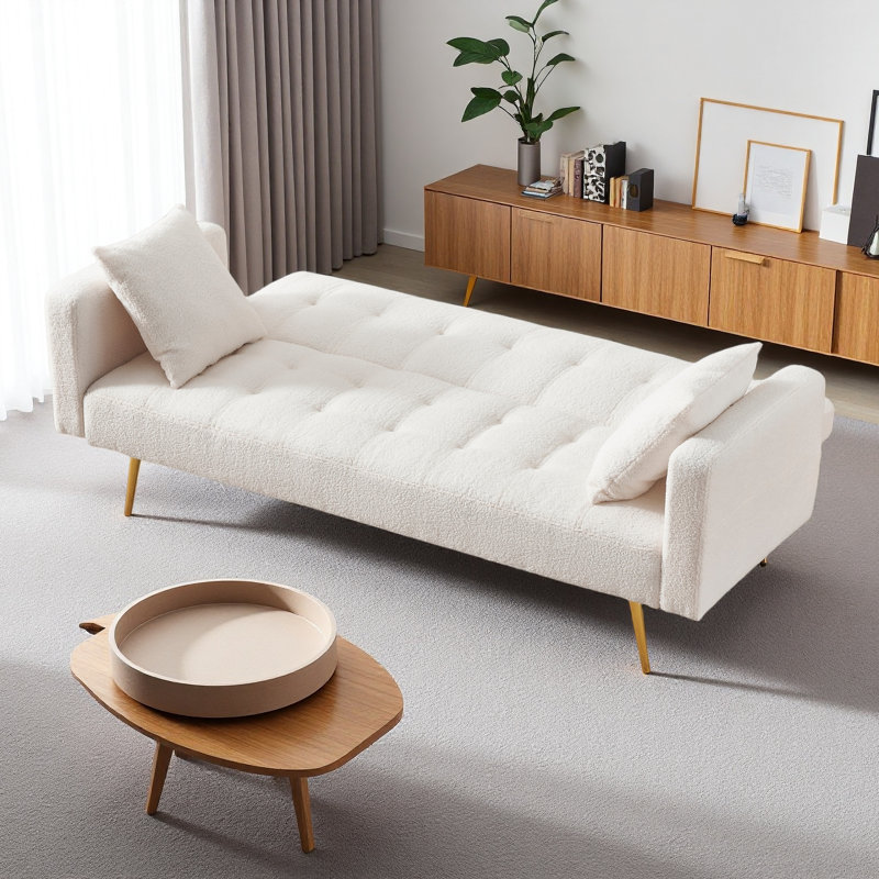 71.7 - Inch Teddy Fleece Sofa Bed With Two Included Throw Pillows, Beige Teddy
