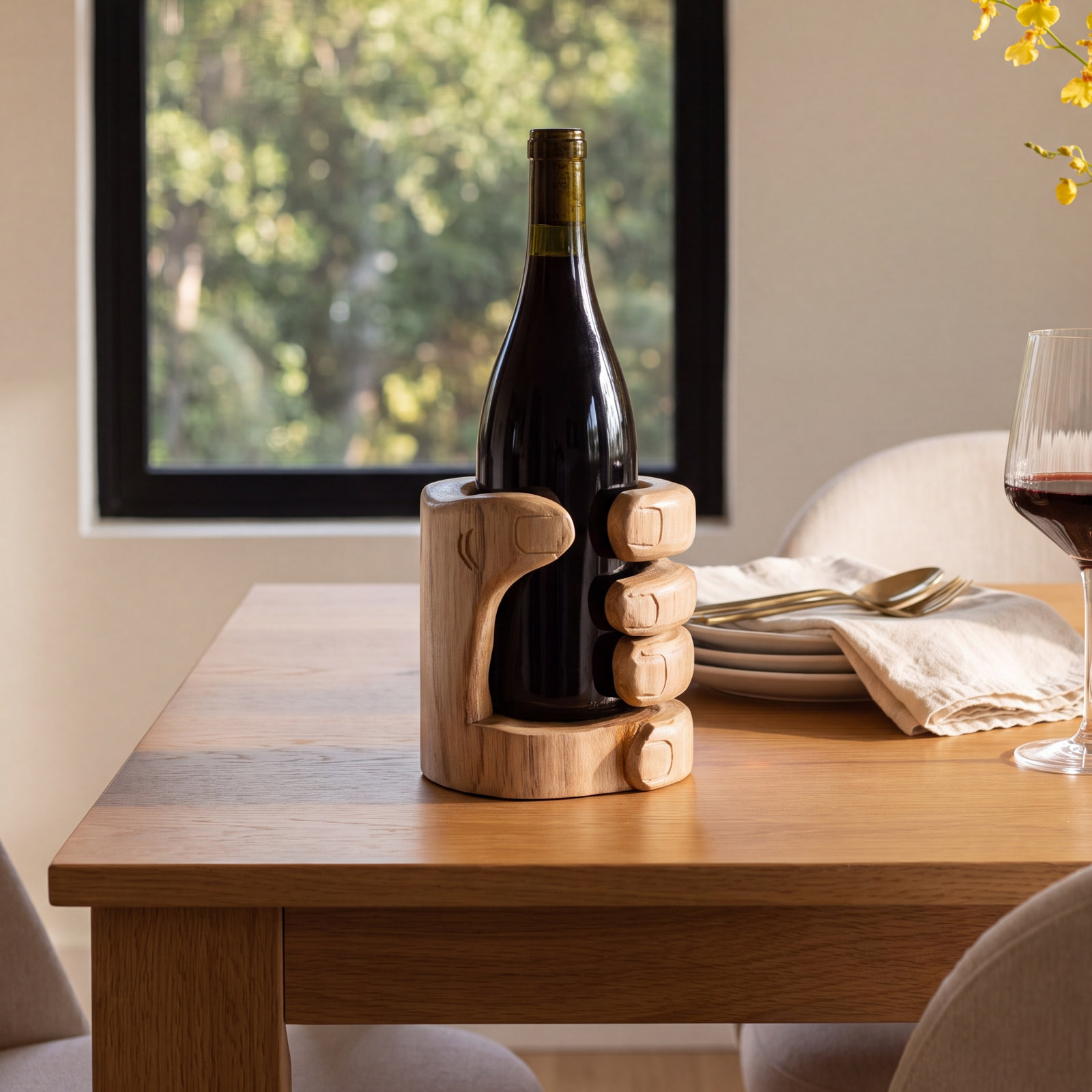 Carved Teakwood Wine Bottle Stand