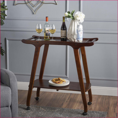Bar Cart, Modern Sleek with 4 Wheels &amp; Lower Storage | Mahogany Wood