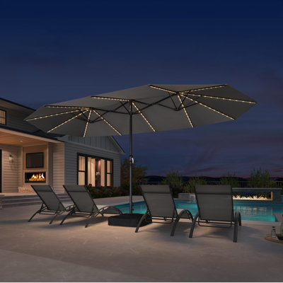 15ft Double-Side Patio Umbrella with Base and Solar Lights Outdoor Market Light Gray Umbrella with Crank Handle
