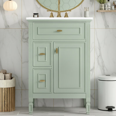 24" Single Bathroom Vanity With Sink, Solid Wood Frame, Soft Close Flip Drawer, Two Drawers, Pre Drilled Faucet Holes, Easy Assembly