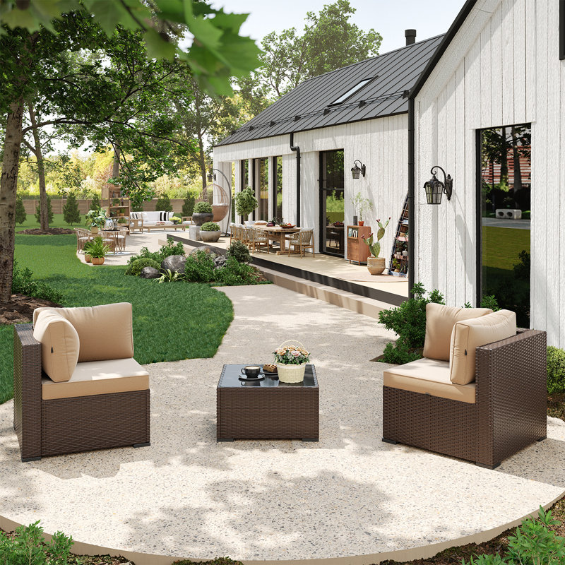 3 -Person Rattan Patio Safo With Cushions, Beige, Brown
