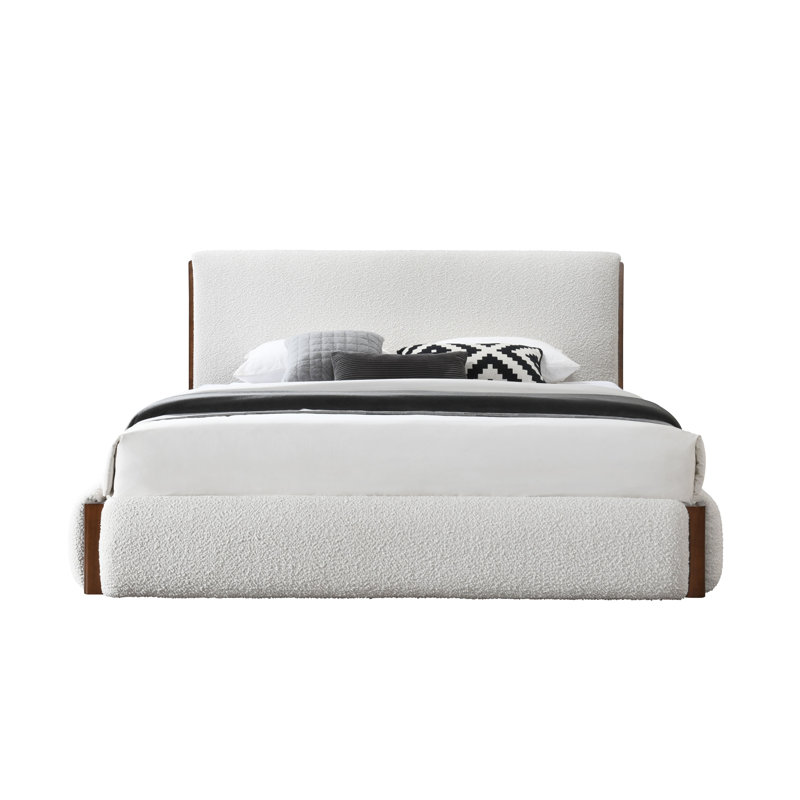 Sandro King White Boucle Upholstered Bed with Walnut Frame