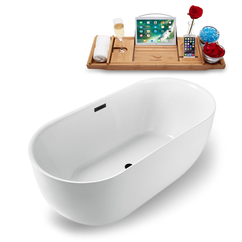 59" Streamline Freestanding Soaking Acrylic Bathtub With Drain and Bamboo Tray, Matte Black
