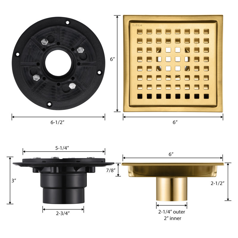 6 in. x 6 in. Shower Floor Drain, Brushed Gold