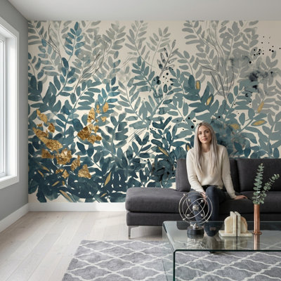Papier peint feuilles aquarelle bleu sarcelle