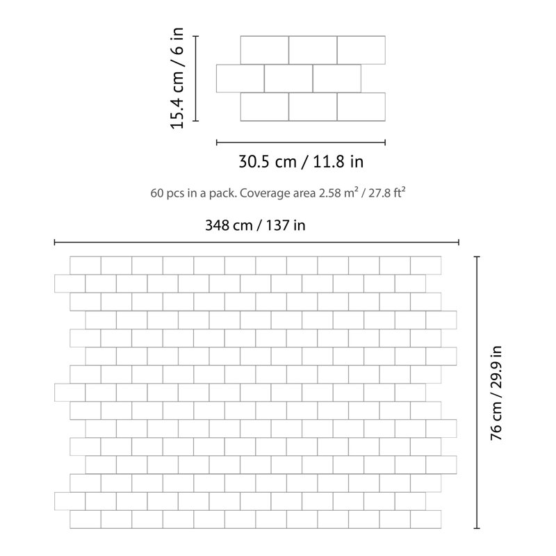 Avantay Glossy Subway Metro Classic Brick 3D Tile Sticker 30.5 x 15.4cm, White/Black