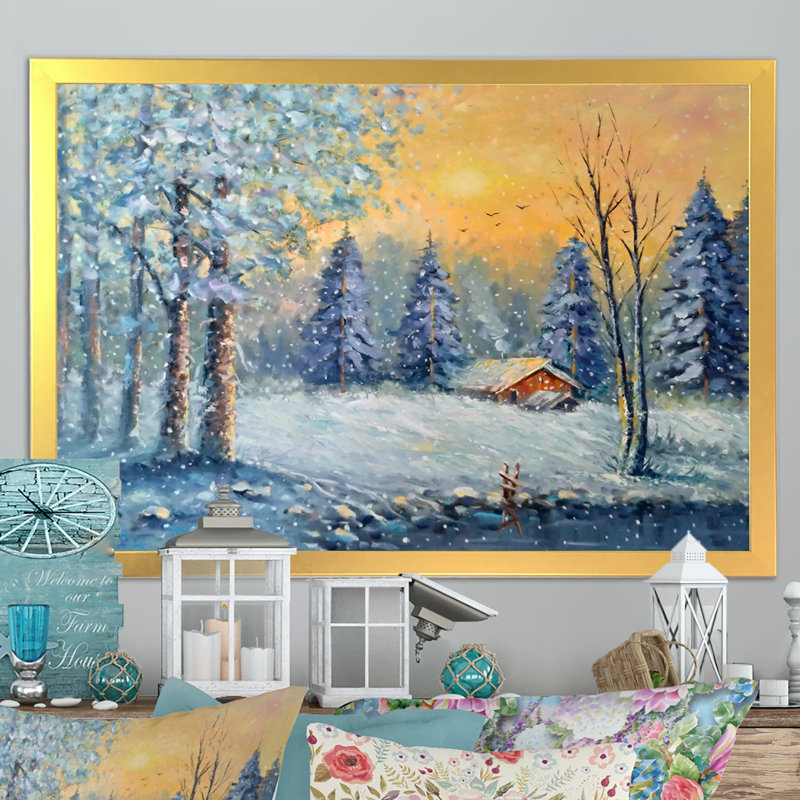 «Cottage In Forest pendant Noël», reproduction sur toile flottante, H 16 po x l 32 po x P 1 po, Cadre doré
