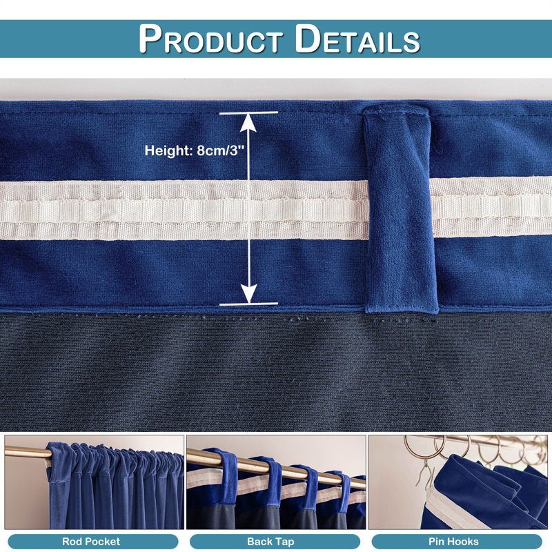 Lauier Velvet Blackout Curtain Pair, 52" W x 84" L, Navy