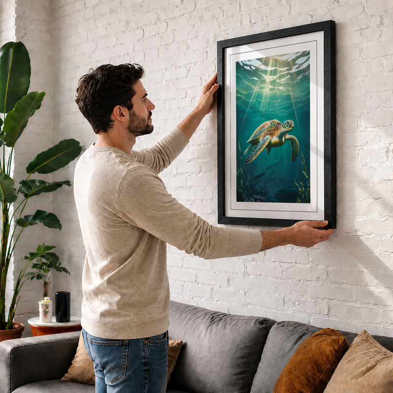 Turtle in Light Coastal - Framed Print, A2 - 59.4 x 42.0 cm, Black