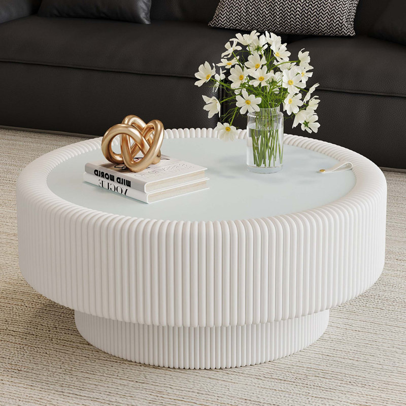 Table basse ronde cannelée moderne avec rangement caché et plateau en verre trempé, White