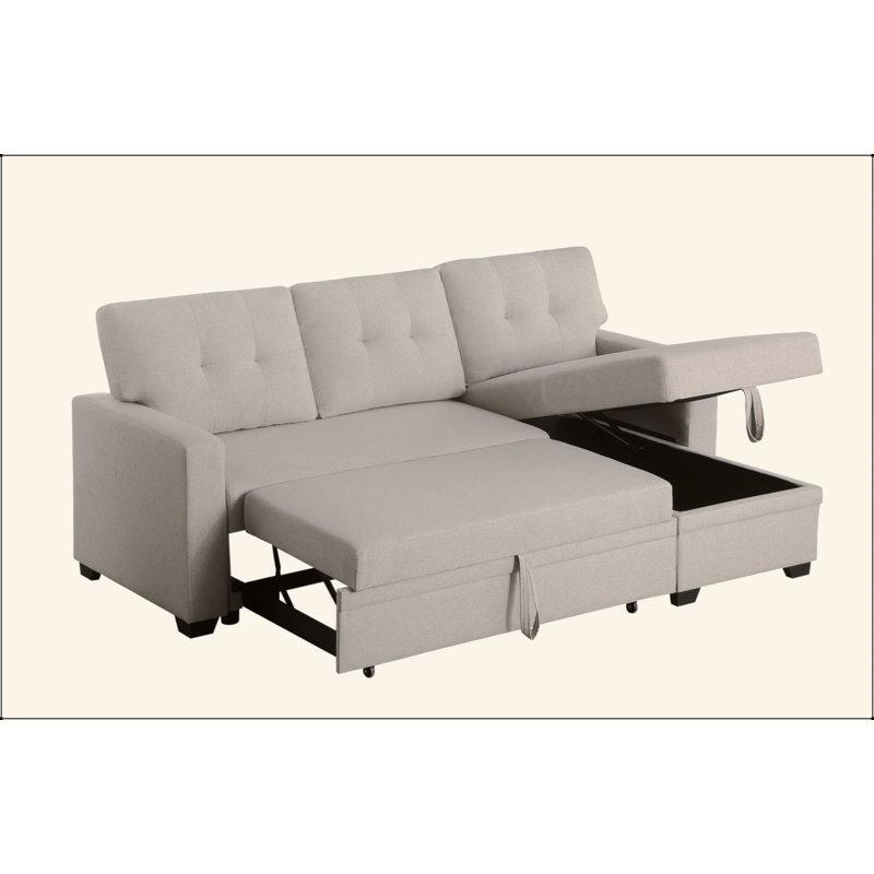 Upholstered Pull Out Sectional Sofa With Chaise, Beige